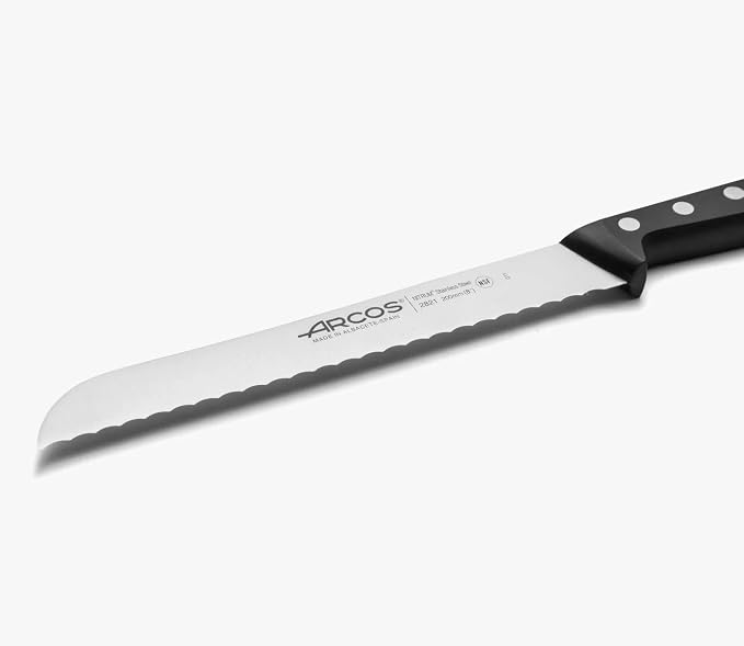 Arcos Bread Knife 8 Inch Nitrum Stainless Steel and 200 mm blade. Obtain a great variety of cuts for your food. Ideal knife for daily domestic use. Series Universal. Color Black