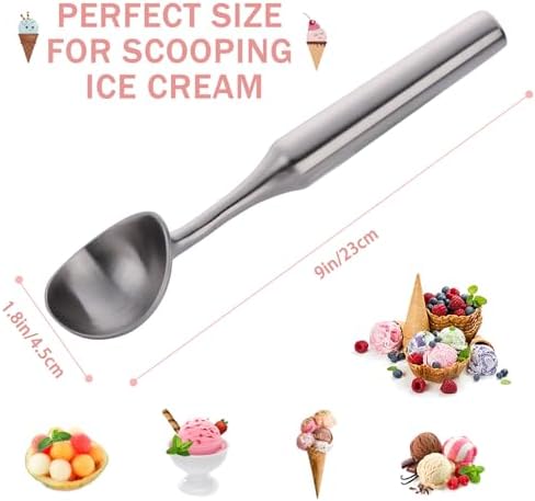 Ice Cream Scoop - Heavy Duty Stainless Steel Icecream Scooper, 9 inches Nonstick Anti-Freeze Ice Cream Scooper for Gelato, Sorbet, Cookie Dough, Melon, Sundae - Dishwasher Safe (Silver)