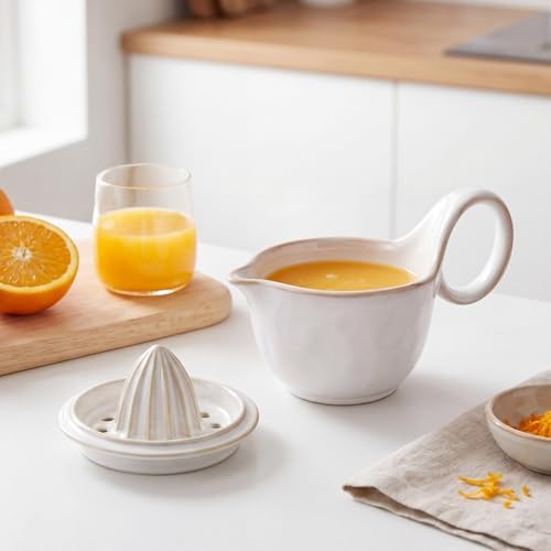 Sawysine Ceramic Lemon Squeezer Manual Citrus Juicer with Strainer Hand Press Lime Orange Reamer with 8.45 oz Cup Strainer Lid Spout Handle for Citrus Fruits Home Kitchen Bar(Stylish,White)