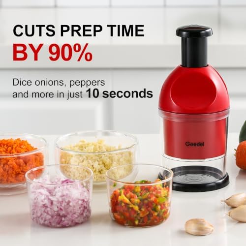 Geedel Food Chopper, Easy to Clean Manual Hand Vegetable Chopper, Dishwasher Safe Slap Onion Cutter for Veggies Onions Garlic Nuts Salads Red