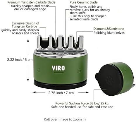 VIRO Compact Suction Kitchen Chef Knife Scissors Sharpener for Straight & Serrated Knives, 4-Stage Knife Sharpening Tool Helps Repair and Restore Blades (Olive Green)