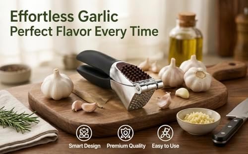 HOMFTY Garlic Press Set – Heavy Duty Stainless Steel Garlic Mincer & Crusher with Silicone Peeler, Ginger Press & Cleaning Brush – Large Chamber, Ergonomic Non-Slip Handle, No Peeling Needed