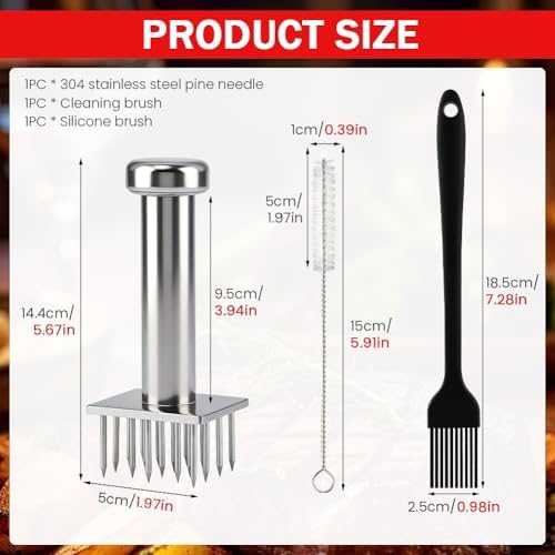 Stainless Steel Meat Tenderizer Tool with 18 Sharp Needles, Marinating Prep Tool with free cleaning brush, Durable Meat Mallet Hammer for Tenderizing Steak, Beef, Chicken, Pork(Silver)