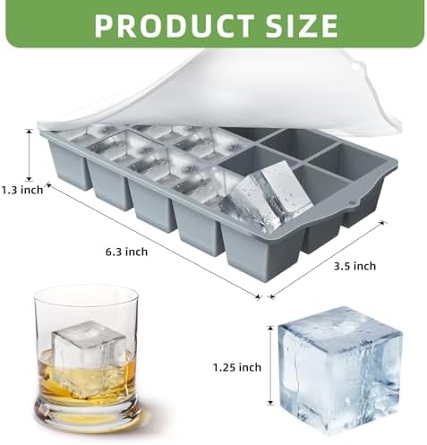 FANYITY Silicone Ice Cube Tray with Lid, Gray, Pack of 2 Ice Cube Moulds, Silicone Mould, BPA-Free, Stackable Ice Cube Tray, Ice Cube Trays for Baby Porridge, Cocktail, Whiskey, Coffee