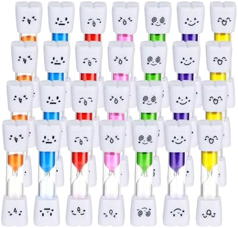 28PCS Brushing Teeth Timer Set, 7 Colors Colorful Hourglass Sand Clock,2mins Cute Smile Face Kids Sand Timer for Classroom Games Home Office,Smiling Toothbrush Timer for Kitchen Cooking, Decoration
