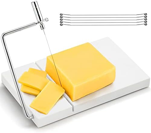 ZEAYEA Cheese Slicer, Marble Cheese Cutter with 6 Wires, 8" L x 5" W Heavy Duty Cheese Cutting Board for Cutting Block Cheeses, Butter, Fruit, Appetizers, White Marble