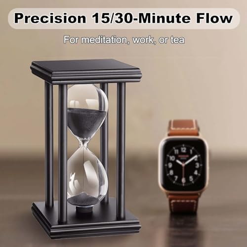 15 Minute Hourglass Timer, Wooden Stand Sand Timer Clock, Black Sand Watch 15 Min, Antiguo Reloj De Arena, Large Unique Hour Glass Sandglass for Home Desk Office (Black)