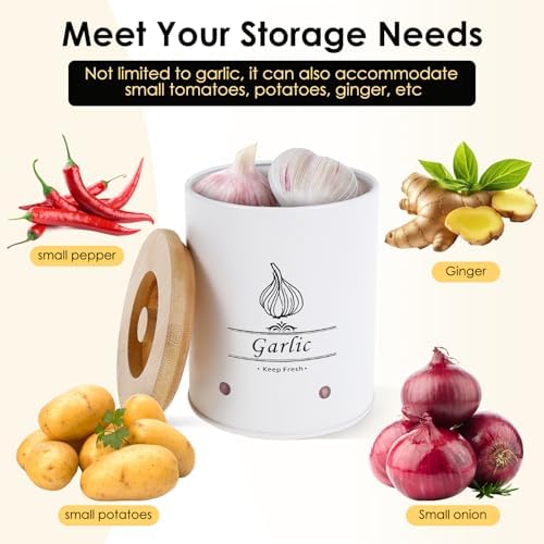 Garlic Keeper, Versatile Garlic Holder, Garlic Jar with Wood Lid, Ventilated Garlic Storage Container, Large Capacity Garlic Container for Kitchens (Style 2)