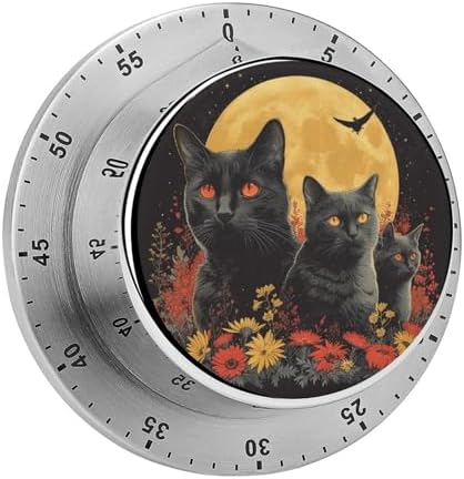 Vintage Halloween Black Cat Kitchen Timers for Cooking Surrounded by Flowers Chef Cooking Timer Clock with Loud Alarm No Batteries Required Mechanical Desk Timer Magnetic Backing