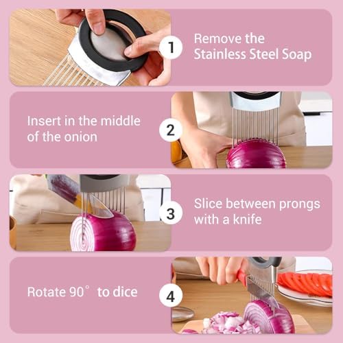 Stainless Steel Onion Slicer, 2025 Upgraded Onion Holder for Slicing, Kitchen Gadgets Vegetable Chopper for Lemon, Potato and Tomato Slicer (3pcs)