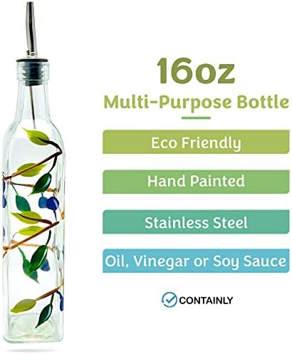 Glass Olive Branch Oil/Vinegar Glass Cruet for Kitchen, 16 oz Olive Oil Dispenser With Stainless Steel Spout for Easy Pouring