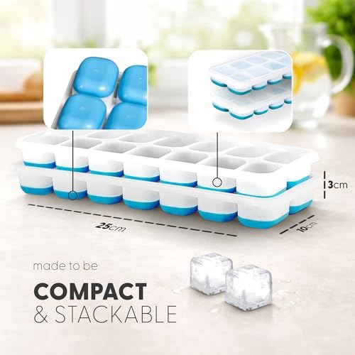 KEPLIN - 2 Pack Flexible Silicone Ice Cube Trays with Leakproof Lids, Easy Release Container, LFGB Certified and BPA Free, Parties, Cocktails and Frozen Drinks (Blue)