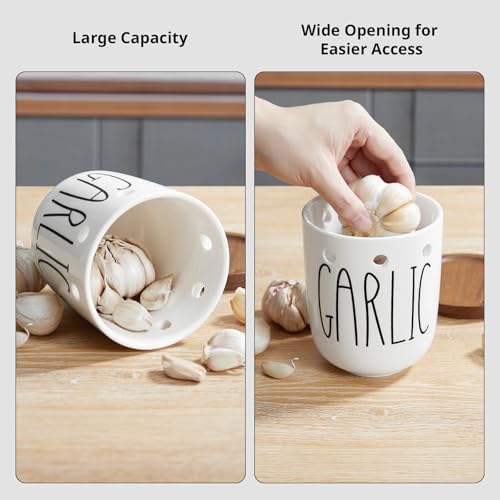 Ceramic Garlic Keeper for Counter, Large Garlic Holder with Acacia Wood Lid, Farmhouse Garlic Storage Container, Garlic Saver for Kitchen, White