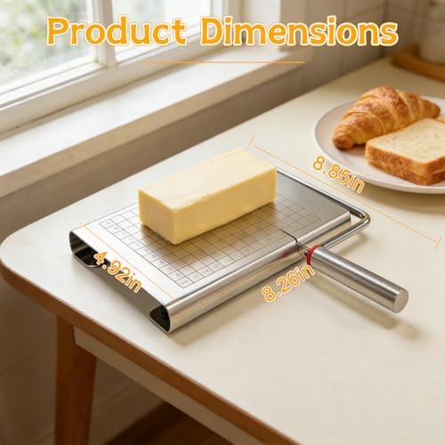Cheese Slicer, Stainless Steel Cheese Cutter Board and Measuring Grids, Multipurpose Cheese Cutter for Block Cheese, Butter, Sausages, Fruits Kitchen Gadget Cheese Tool