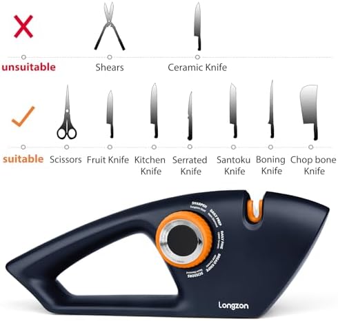 Longzon 6-in-1 Knife Sharpener 5 Stage with Cut-Resistant Glove,Navy+Orange