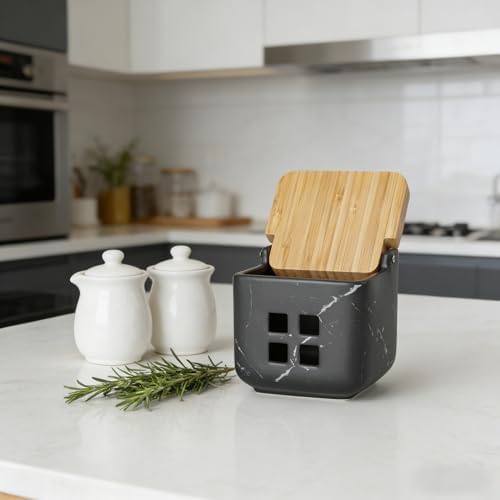 RQYIXI Ceramic Garlic Keeper with Bamboo Lid, Ventilated,Marble Black