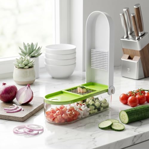 Vegetable Chopper - Manual Veggie Dicer and Food Cutter with 2 Stainless Steel Blades, 2-Cup Storage Container, Cleaning Tool - Onion Slicer, Fruit Salad Maker, Dishwasher Safe