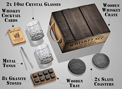 Mixology & Craft Whiskey Gift Set, Whiskey Glass Set with Rustic Wooden Crate, 8 Granite Whiskey Rocks Chilling Stones, 10oz Crystal Glasses | Great Holiday, Secret Santa or White Elephant Gift