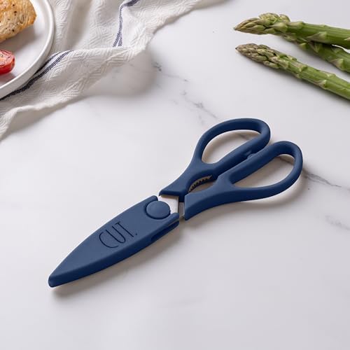 Rae Dunn Kitchen Scissors- Stainless Steel Kitchen Shears, Cooking Scissors for Cutting Meat, Chicken, Herbs and Produce with Blade Cover and Soft Grip Handles (Blue)