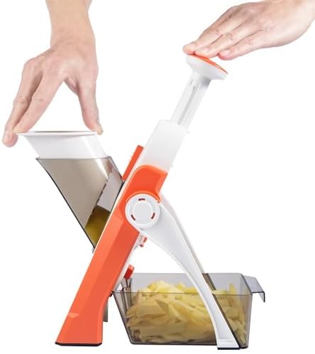 Safe Mandoline Slicer 5 in 1 Vegetable Chopper Food Potato Cutter, Strips Julienne Dicer Adjustable Thickness 0.1-8 mm Kitchen Chopping Artifact Fast Meal Prep Orange