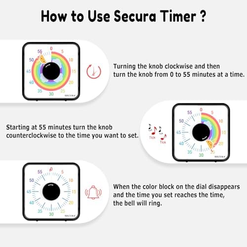 Secura 60-Minute Visual Timer, 7.5 Inch Magnetic Rainbow Countdown Timer for Classroom or Kitchen, Durable Mechanical Timer Clock with Magnetic Backing (Black & Sun)