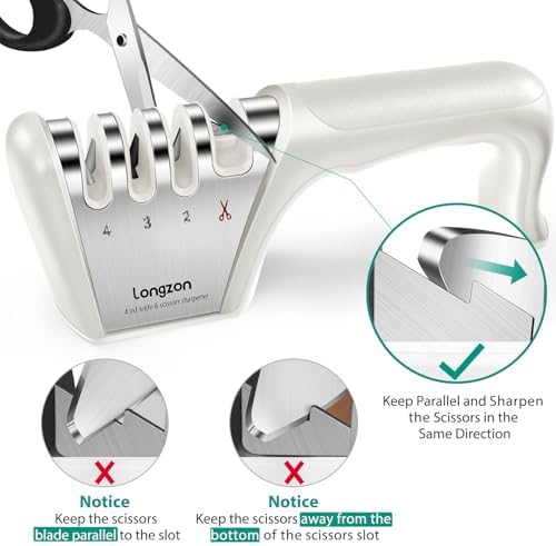 Longzon 5-in-1 Knife Sharpener 4 Stage with Cut-Resistant Glove, Off-white