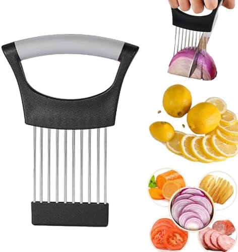Upgraded Stainless Steel Lemon Slicer Onion Cutter, Onion Holder for Slicing, Vegetable Cutter Kitchen Chopper Slicing Assistant Tool for Potato and Tomato Avocados Eggs Meat (1, Black Grey)