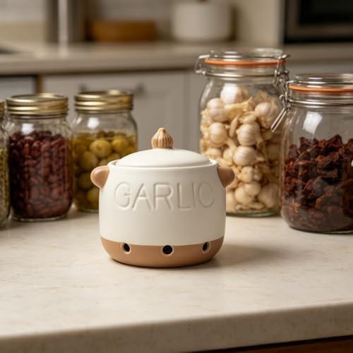 6.1' White Ceramic Garlic Keeper with Lid & Vent Holes for Counter