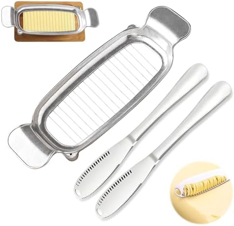 Stainless Steel Butter Slicer Cutter with 2 Butter Knives – Hand Held Ergonomic Butter Cutter for Stick Butter & Soft Cheese, 3 in 1 Easy Butter Spreader Knife for Cold Butter Slicing & Spreading