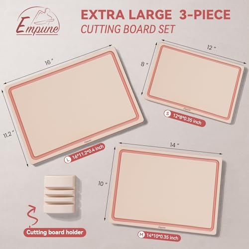 Empune 3-Piece Plastic Cutting Boards for Kitchen - Thick & Non-Slip Chopping Board Set with Juice Grooves, Dishwasher Safe, BPA Free, Includes Large & Small Sizes, Pink