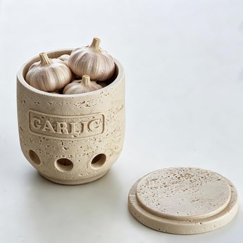 Polytree Handmade Beige Travertine-Look Garlic Keeper with Lid – Farmhouse Kitchen Countertop Garlic Storage Container for Fresh Garlic Cloves, Rustic Garlic Saver for Gift