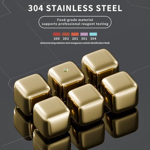 ShanSon Wine Chillers Metal Ice Cube 6 PCS Stainless Steel Whiskey Stones Reusable Whiskey Rocks Beverage Chilling Stones for Scotch and Bourbon Drinking Gifts Set for Men Dad Husband,Gold
