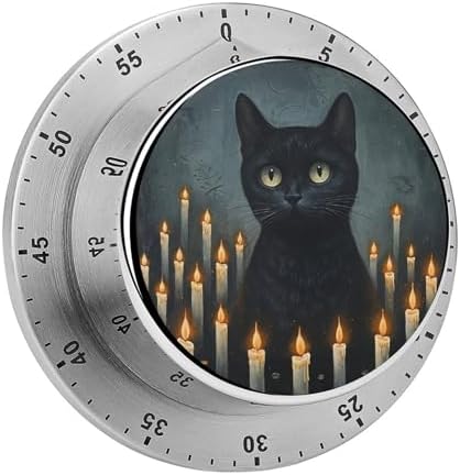 Black Cat in Room of Candles Kitchen Timers for Cooking Minimalist Chef Cooking Timer Clock with Loud Alarm No Batteries Required Mechanical Desk Timer Magnetic Backing