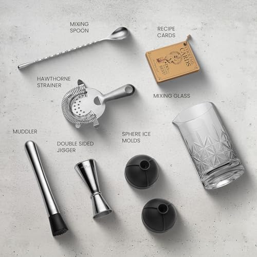 Mixology & Craft Cocktail Set - 7-Piece Bartender Kit with Mixing Glass Set, Japanese Jigger, Spoon, Muddler, and Strainer - Perfect for Old Fashioned Cocktails and Home Bars