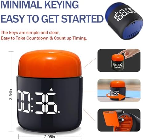 Large Display Digital Timer Stopwatch, Retro Manual Twist Table Count Down & Up Game Timer, Easy to use, Night Light Silent & Sound Timers for ADHD Study Work Kitchen Classroom Yoga Gym (Tangerine)