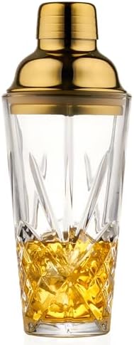 15oz Gold Lid Crystal Cocktail Shaker, Lead-Free Glass with #304 Steel Strainer,Dishwasher Safe,Fit the Coffee Table Decor, Wedding Favors and any Bar Cabinet.(Leak-Proof)