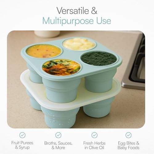 Silicone Freezer Tray with Lid - Stackable 2 oz Large Ice Cube Molds for Homemade Purees, Egg Bites, Broth Food Storage - Dishwasher Safe - 3 Pack