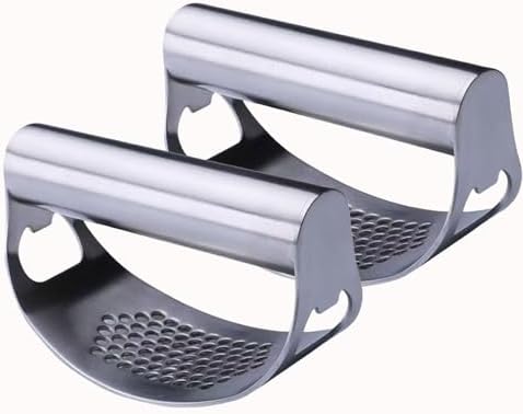 Garlic Press Rocker, Crusher Grinder Masher Bottle opener, Portable Manual Stainless Steel Wide Handle Garlic Crusher with Peeler(Style3-2pcs)