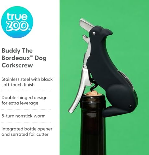 True Zoo Buddy the Bordeaux Collie Black Dog Corkscrew Wine Opener with Built-in Bottle Opener & Sharp Foil Cutter, Stainless Steel and Plastic, Home Bar, Kitchen, Travel, Novelty Gifts, Set of 1