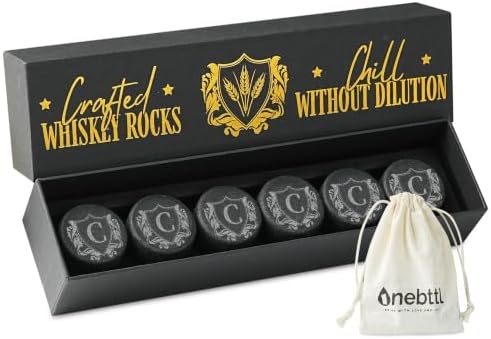 Onebttl Whiskey Gifts for Men, Whiskey Rocks with Initials Set of 6, Bourbon Chilling Stones for Whisky Lovers with Gift Box for Christmas, Father's Day, Retirement, C