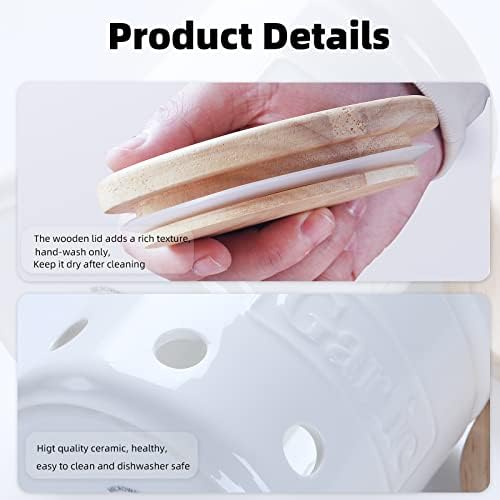 ONTUBE Garlic Keeper with Wooden Lid, 4.5-Inch Ceramic Garlic Holder 24oz (White)
