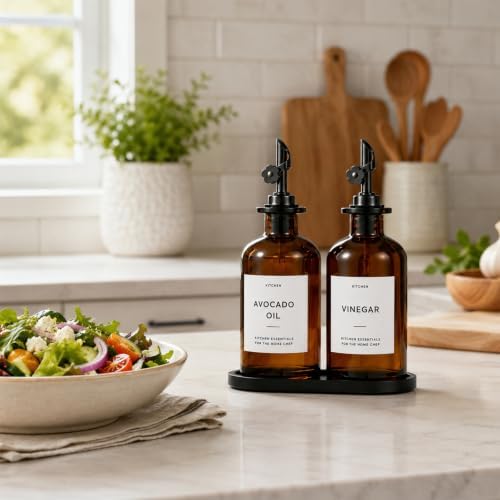 Olive Oil Dispenser for Kitchen, 2-Pack 12oz Glass Bottle with White Labels