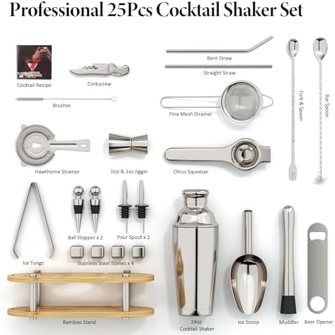 25pcs Stainless Steel Cocktail Shaker Set with Bamboo Stand
