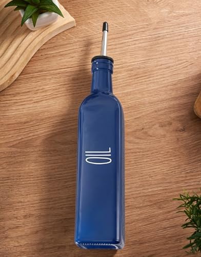 Glass Oil Dispenser for Kitchen, Blue Olive Oil Dispenser Bottle, 17 oz Borosilicate Glass Cooking Oil Container, Multipurpose Oil Bottle with Leak-Proof Spout