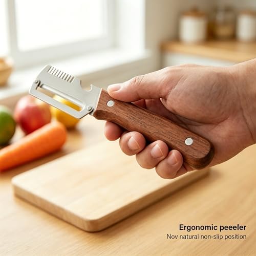 3-in-1 Vegetable Peeler Julienne Slicer with Bottle Opener, Stainless Steel Kitchen Tool with Natural Wood Handle for Fruit Vegetable Meal Prep (Brown and Wood)