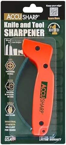 AccuSharp Knife Sharpener, Ergonomic Comfortable Handle, Compact & Easy to Use, Restore and Hone Straight & Serrated Knives, Blaze Orange
