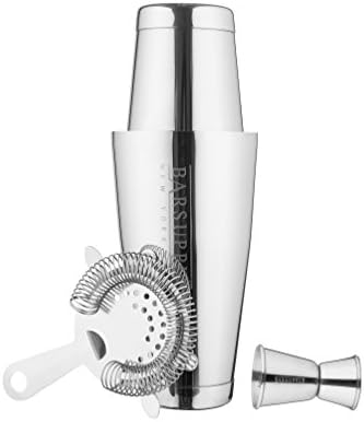 Professional Boston Cocktail Shaker Set | 4-Piece Bar Set | Stainless Steel 304 | 28oz/18oz Weighted Shaker Tins | Hawthorne Strainer | Double Sided Jigger | Recipe Booklet | Bartender Kit (Silver)