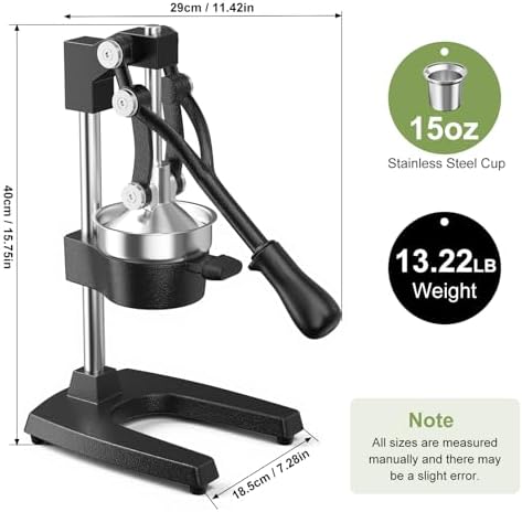 Manual Cast Iron Juicer, Commercial Hand Juicer Squeezer with Stainless Steel Cup Heavy-Duty Manual Juicer Hand Press Countertop Citrus Juice Press for Orange, Lemon, Pomegranate, Grapefruit