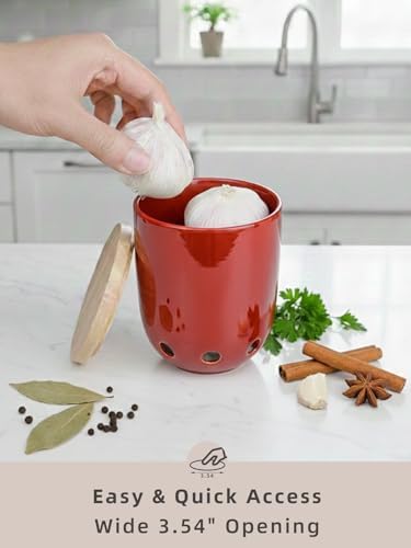 LEETOYI Ceramic Garlic Keeper for Counter, Garlic Holder with Wood Lid (Red)