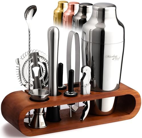 Mixology & Craft Cocktail Shaker Set with Dark Bamboo Stand - Professional 10-Piece Bartender Kit - Complete Bar Set & Cocktail Mixer Kit for Home (Silver)